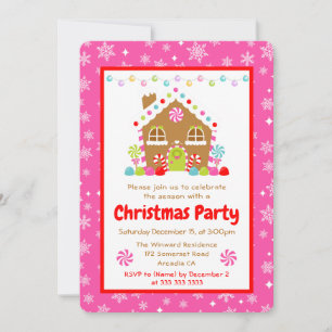 Pink Gingerbread House Christmas Party Invitation