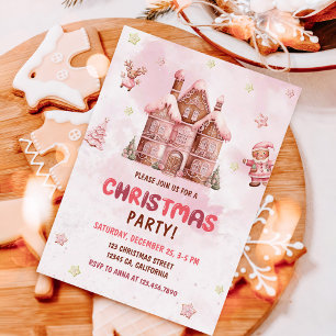 Pink Gingerbread House Christmas Party Invitation
