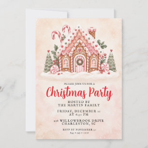 Pink Gingerbread House Christmas Party Invitation