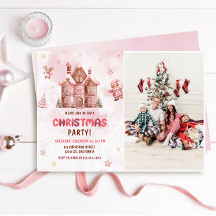 Pink Gingerbread House Christmas Party Photo Invitation