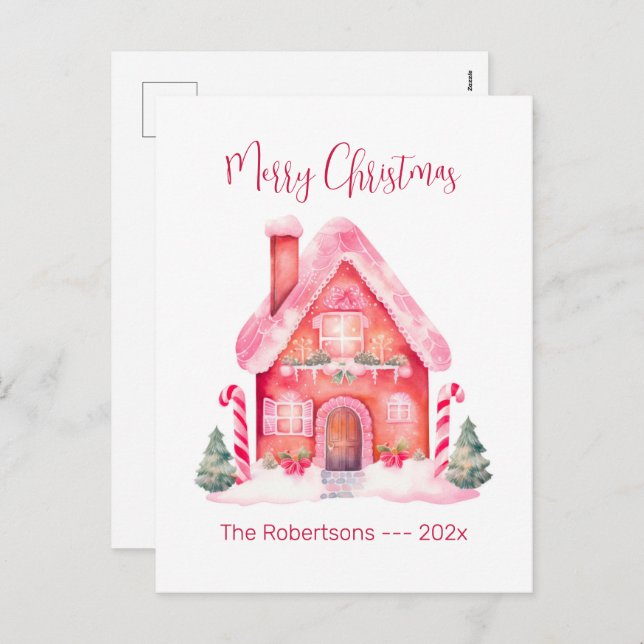 Pink Gingerbread House Christmas Postcard (Front/Back)