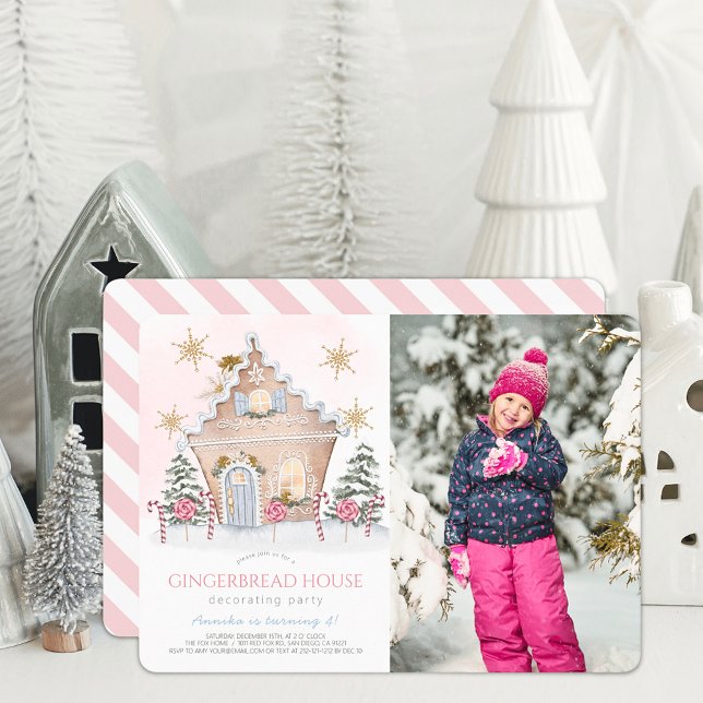 Pink Gingerbread House Decorating Birthday Photo Invitation (Creator Uploaded)