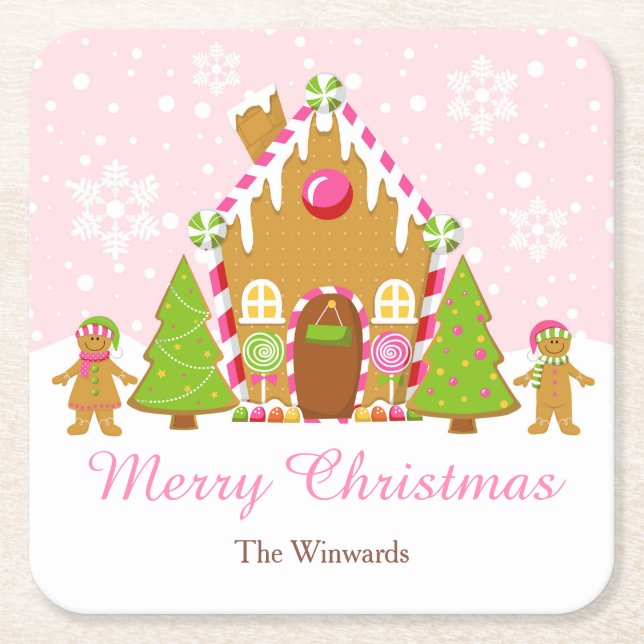 Pink Gingerbread House Decorating Christmas Party Square Paper Coaster (Front)