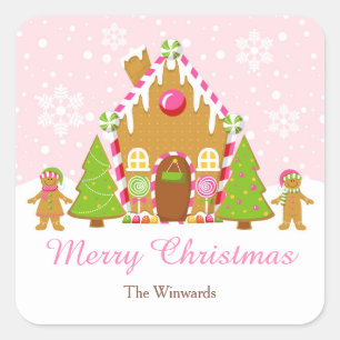 Pink Gingerbread House Decorating Christmas Party Square Sticker