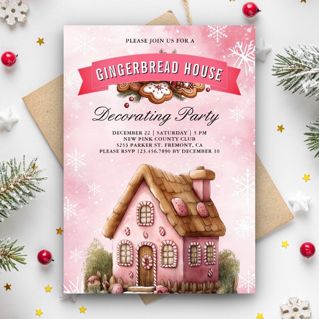 Pink Gingerbread House Decorating Party Christmas Invitation (Creator Uploaded)