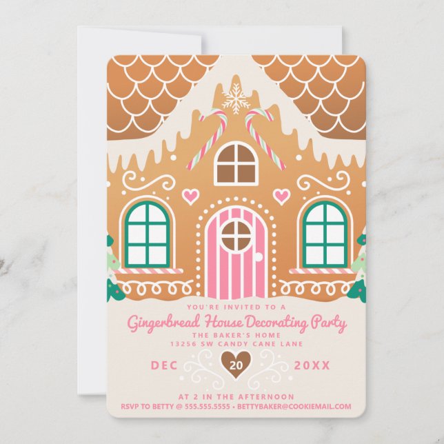 Pink Gingerbread House Decorating Party Invitation (Front)