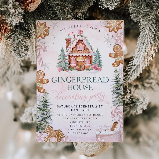 Pink Gingerbread House Decorating Party Invitation (Creator Uploaded)