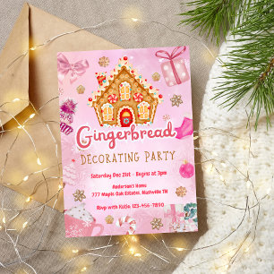 Pink Gingerbread House Decorating Party Invitation
