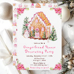 Pink Gingerbread House Decorating Party Invitation<br><div class="desc">This elegant and festive gingerbread house decorating party invitation features a watercolor gingerbread house and beautiful pink poinsettia flowers. The text combines handwritten script and sans serif fonts for a stylish and modern look. The snowman, decorated pine trees and holiday wreath add a festive touch. This is perfect for Christmas...</div>