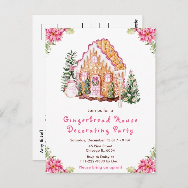 Pink Gingerbread House Decorating Party Postcard (Front/Back)