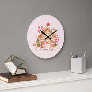 Pink Gingerbread House Holiday Family Name Large Clock