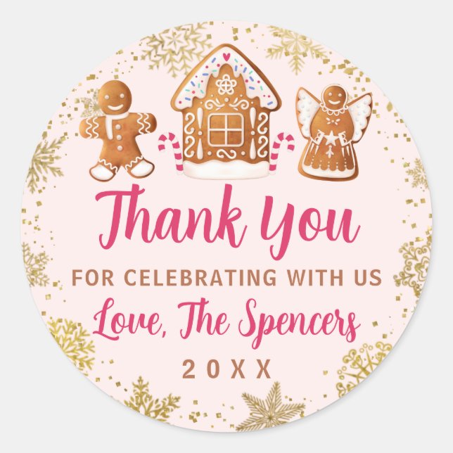 Pink Gingerbread House Holiday Party Thank You Classic Round Sticker (Front)