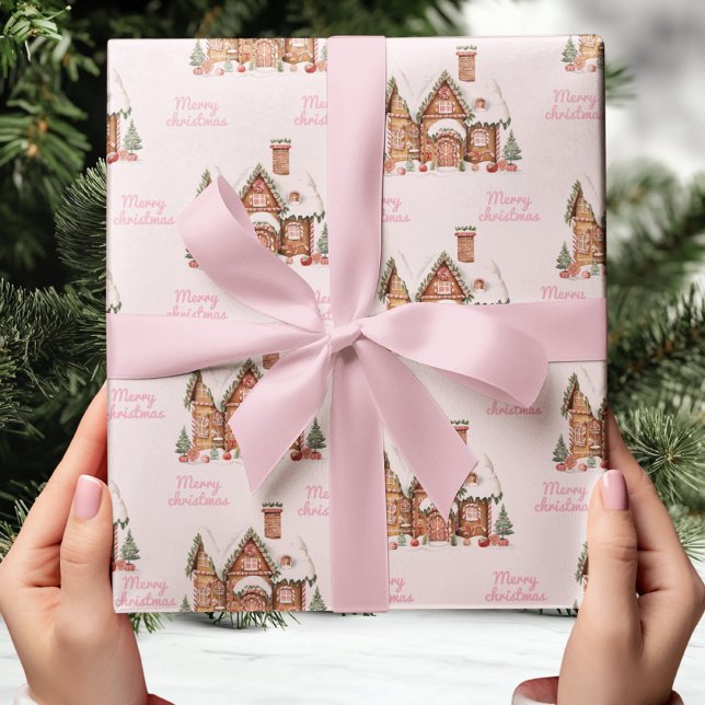 Pink Gingerbread House Merry Christmas Wrapping Paper (Creator Uploaded)
