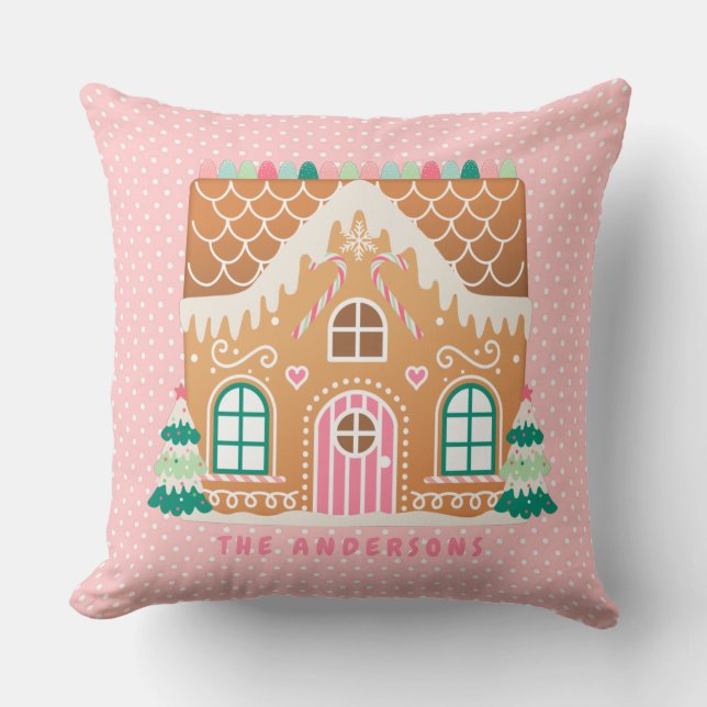 Pink Gingerbread  House | Personalised  Cushion (Front)