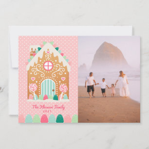 Pink Gingerbread House Photo Christmas Card 