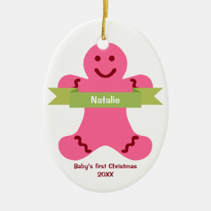 Pink gingerbread kid green banner name baby first ceramic tree decoration