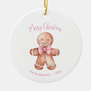 Pink Gingerbread Man Christmas Ceramic Ornament