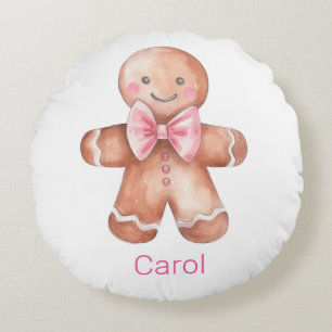 Pink Gingerbread Man Christmas Round Cushion