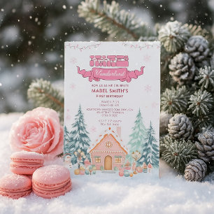 Pink GingerBread Winter Onederland 1st Birthday  Invitation