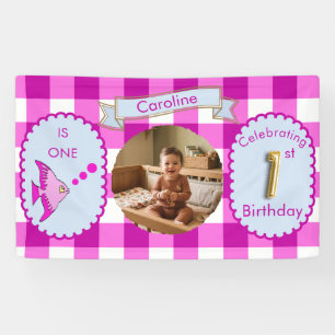 Pink Gingham 1st Birthday Photo Fish Party  Banner