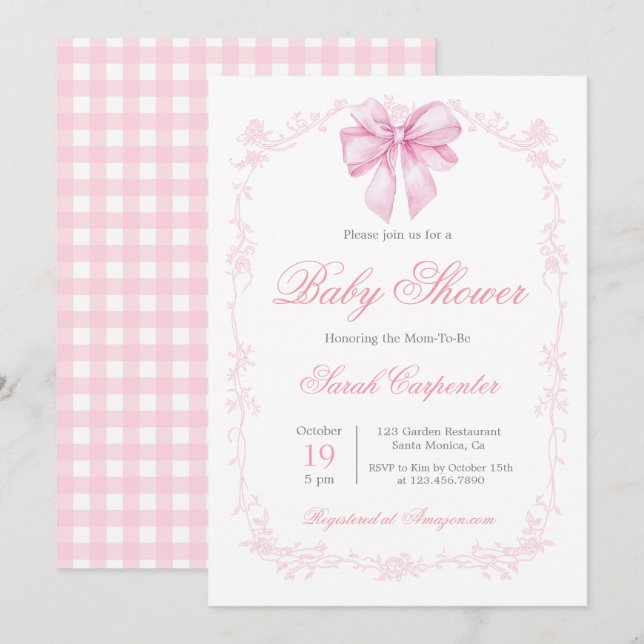 Pink Gingham and Bow Baby Shower Girl Invitation (Front/Back)