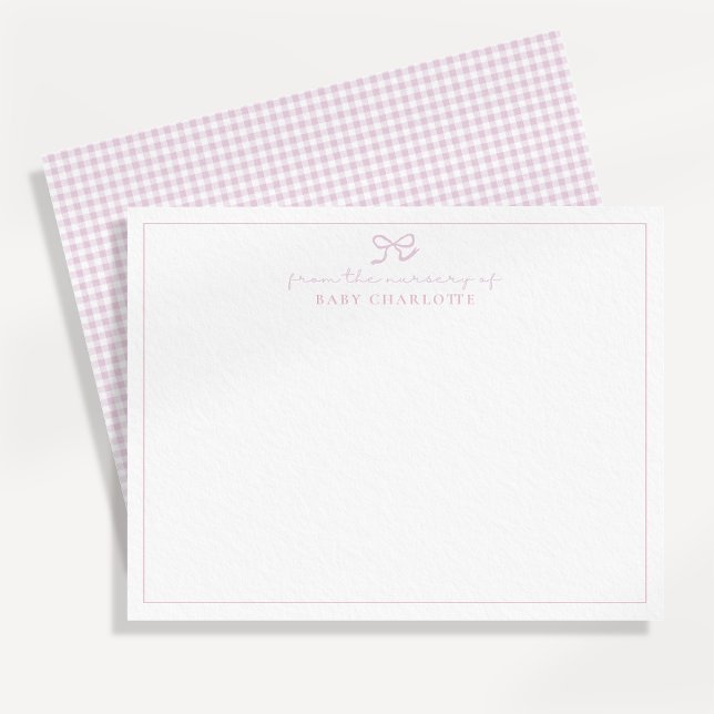 Pink Gingham and bow Nursery Note Card  (Creator Uploaded)