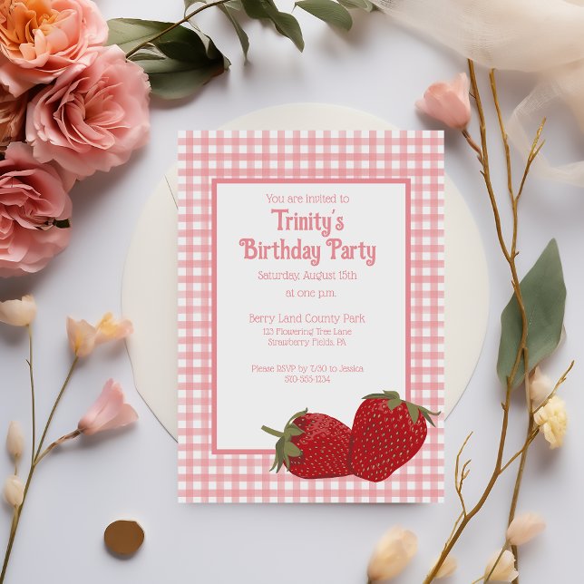Pink Gingham and Red Strawberries Invitation (Creator Uploaded)