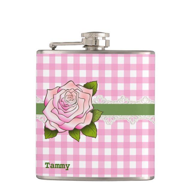Pink Gingham and Rose Custom Flask (Front)