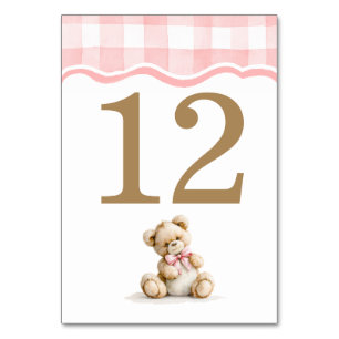 Pink Gingham And Teddy Bear Baby Shower Table Number