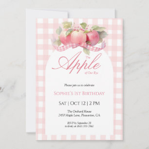 Pink Gingham Apple Birthday Invitation