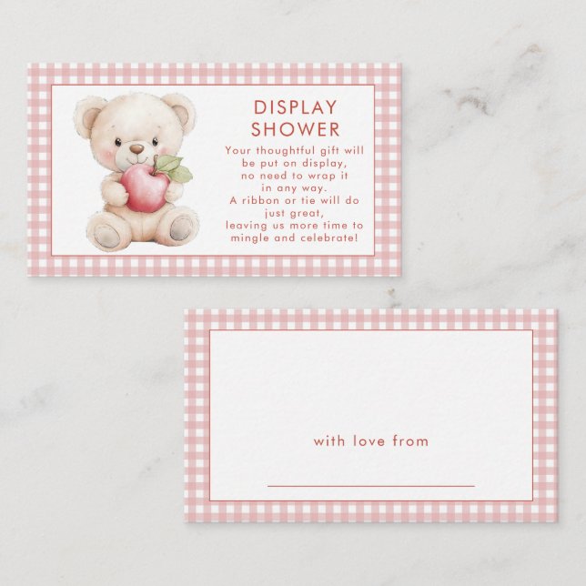 Pink Gingham Apple of Eye Bear Display Baby Shower Enclosure Card (Front/Back)