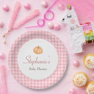 Pink Gingham Autumn Fall Pumpkin Baby Shower Paper Plate