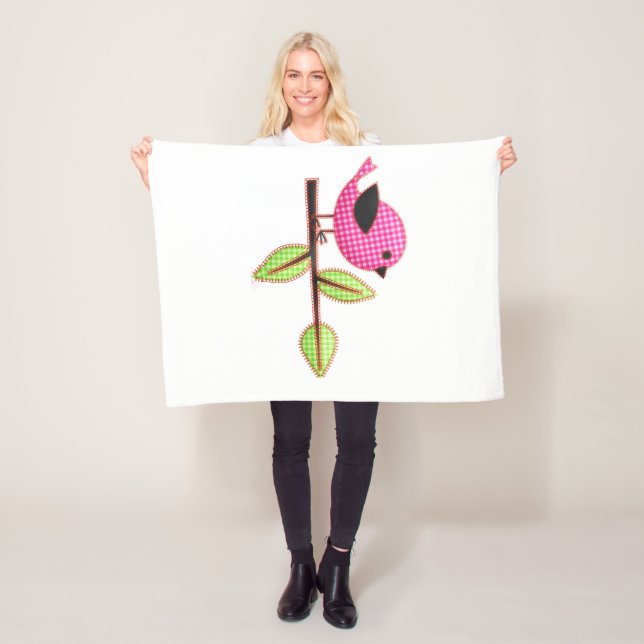Pink Gingham Baby Bird Embroidery Leaves Fleece Blanket (In Situ)