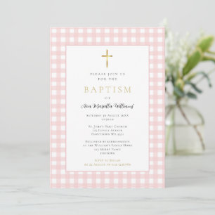 Pink Gingham Baby Girl Baptism Invitation