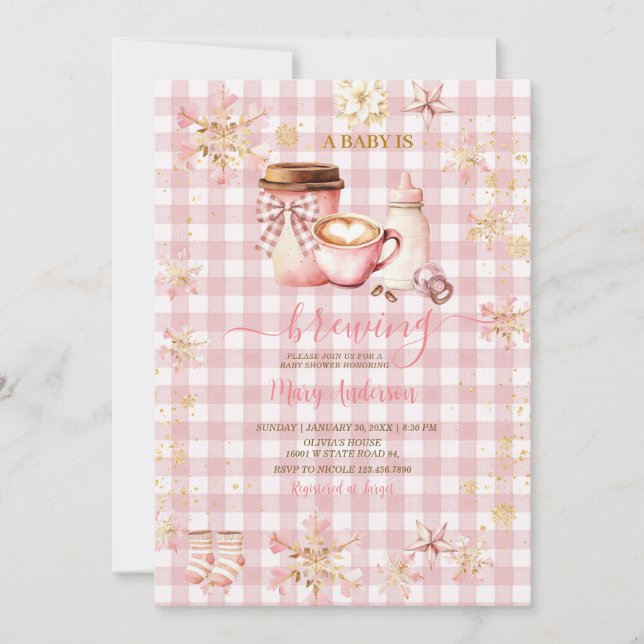 Pink Gingham Baby Is Brewing Winter Baby Shower Invitation (Front)