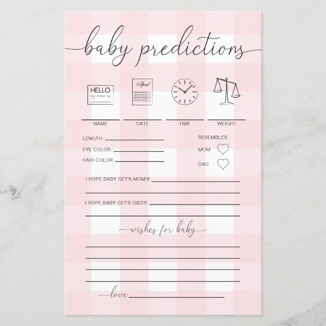 Pink Gingham Baby Predictions Game (Front)