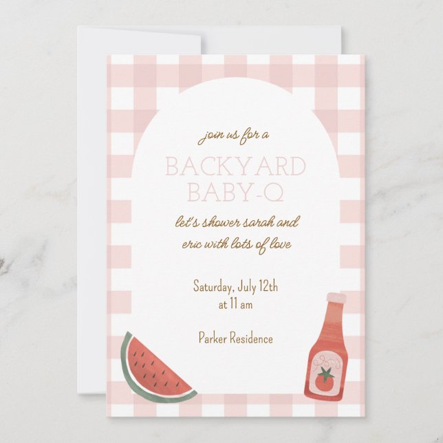 Pink Gingham Baby-Q Baby Shower Invitation (Front)