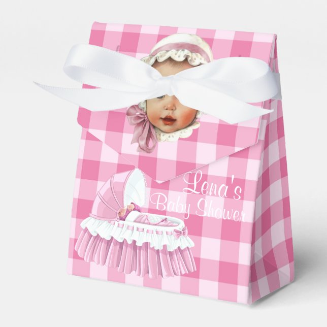 Pink Gingham Baby & Ruffled Bassinet Favour Boxes (Front Side)