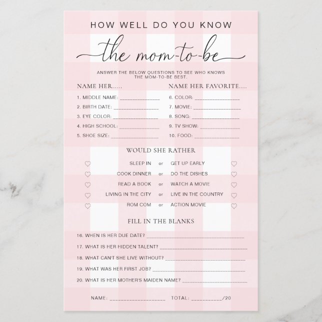 Pink Gingham Baby Shower Know The Mum-to-be Game (Front)