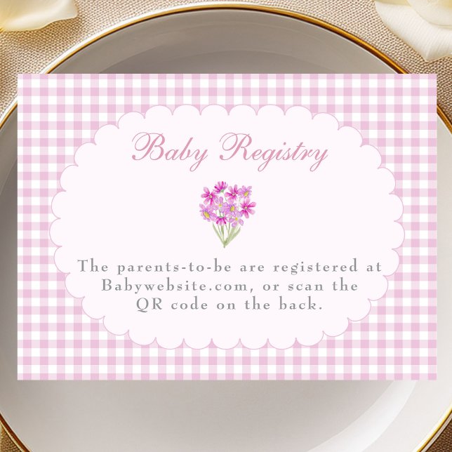 Pink Gingham Baby Shower Registry QR Code Card (Creator Uploaded)
