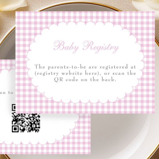 Pink Gingham Baby Shower Registry QR Code Card (Creator Uploaded)