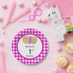 Pink Gingham & Balloons 1st Birthday Paper Plate
