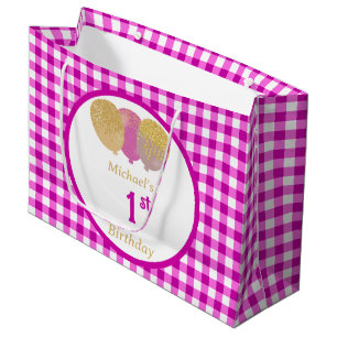 Pink Gingham Balloons Custom Multi Photo Birthday Large Gift Bag