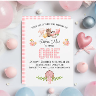 Pink Gingham Barnyard First Birthday Invitation