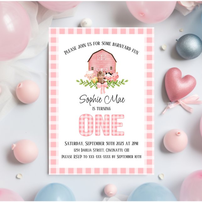 Pink Gingham Barnyard First Birthday Invitation (Creator Uploaded)
