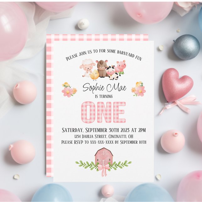 Pink Gingham Barnyard First Birthday Invitation (Creator Uploaded)
