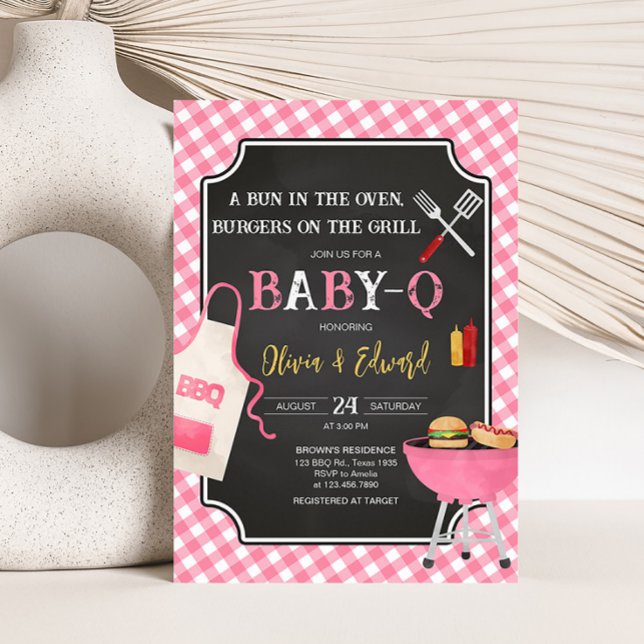 Pink Gingham BBQ Baby Shower  Invitation (Girl Baby-Q Baby Shower Invitation)