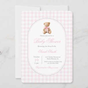 Pink Gingham Bear Baby Shower Girl Invitation