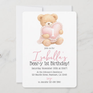 Pink Gingham Bear-y First Birthday Girl Invitation