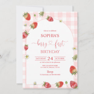 Pink Gingham Berry First Birthday 1st Birthday Invitation